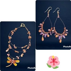 Pink Dragonfly Pendant Beaded Floating Station Fairycore Necklace Earrings Set